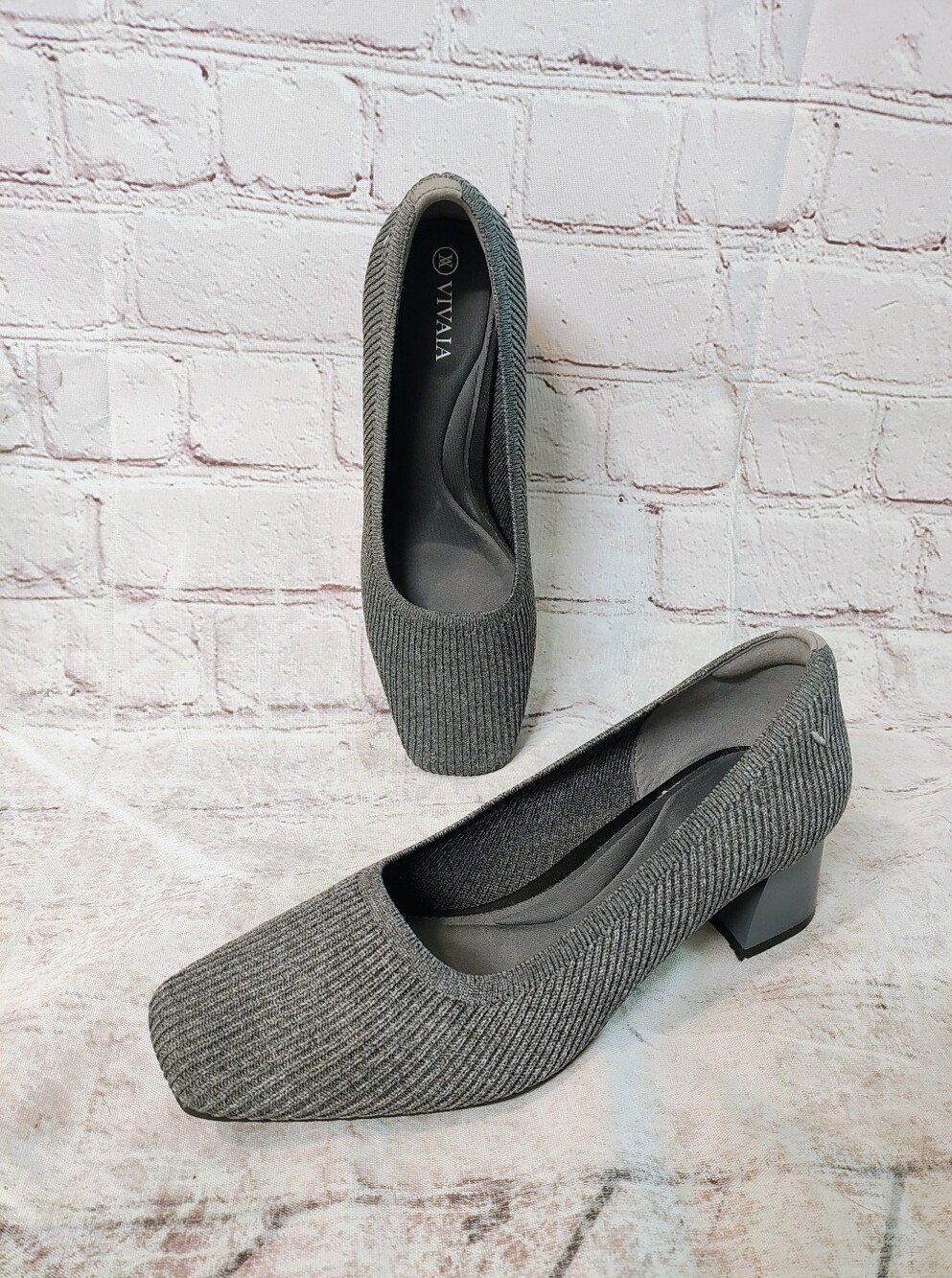 Vivaia Megan Square Toe Grey Chunky Heels 7.5  Knit Pumps